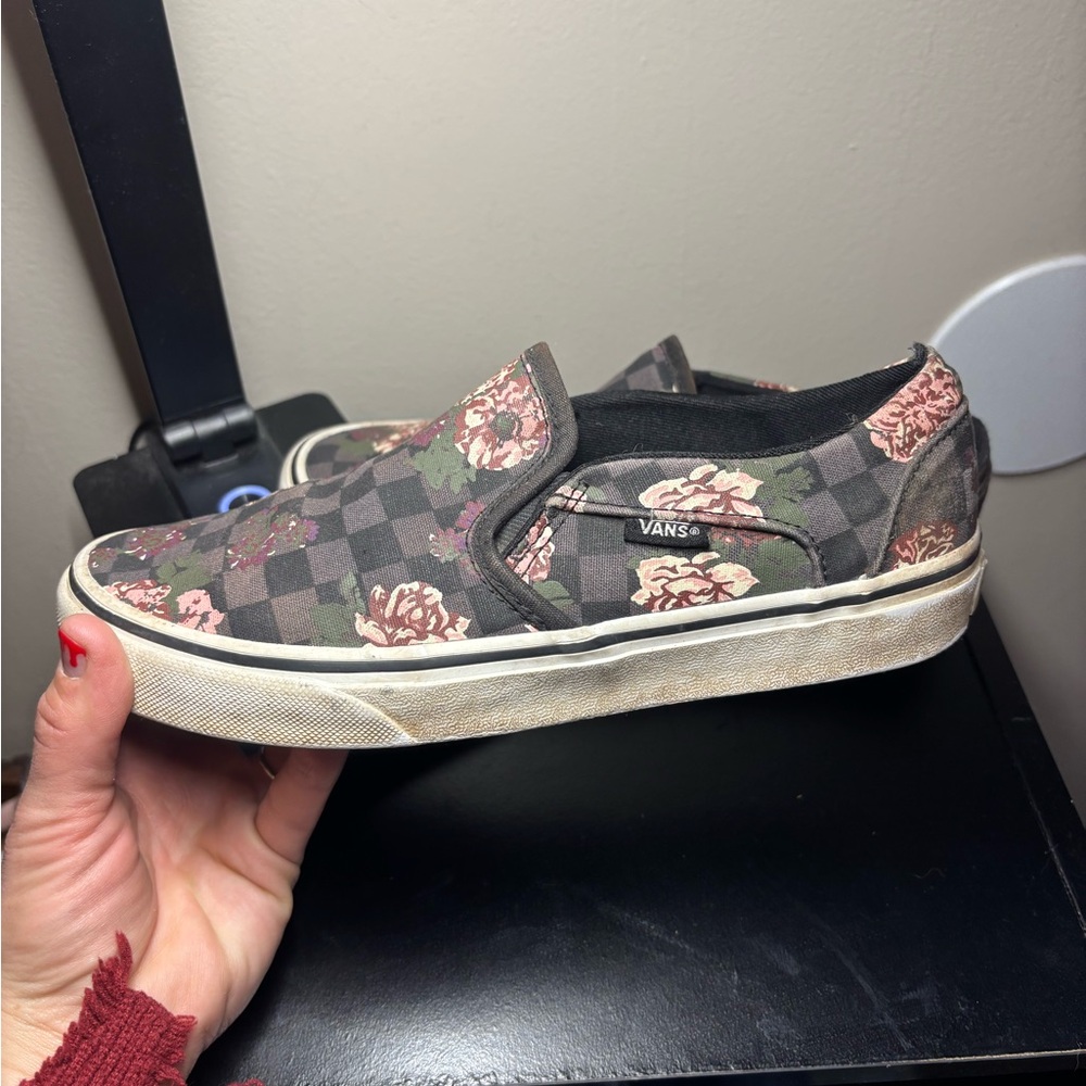 Vans Floral Checkered Slip-On Sneakers - Black and Pink - Picture 2 of 5